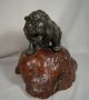 Antique Japanese Bronze Lion Signed Glass Eyes With Wood Base Metalware photo 3