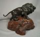 Antique Japanese Bronze Lion Signed Glass Eyes With Wood Base Metalware photo 5
