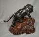 Antique Japanese Bronze Lion Signed Glass Eyes With Wood Base Metalware photo 6