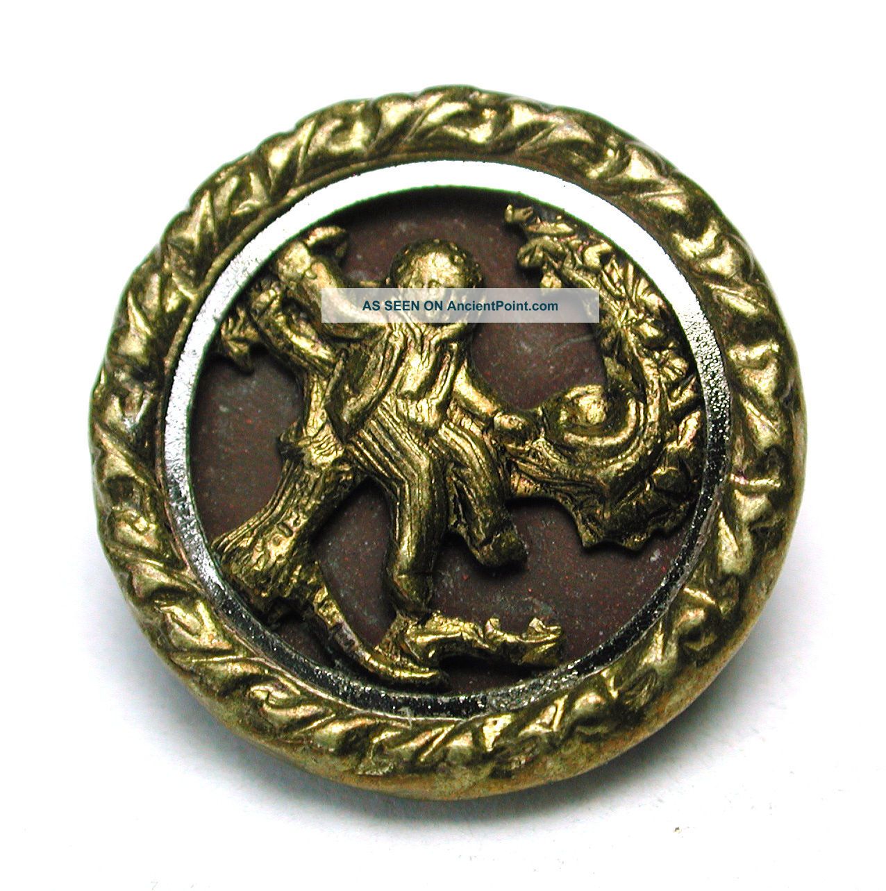Antique Brass Button Boy Sitting On A Tree Branch Buttons photo