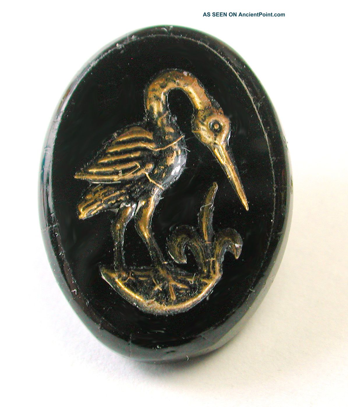 Antique Oval Black Glass Button Crane Bird In A Marsh W/ Gold Luster Buttons photo