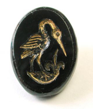 Antique Oval Black Glass Button Crane Bird In A Marsh W/ Gold Luster photo