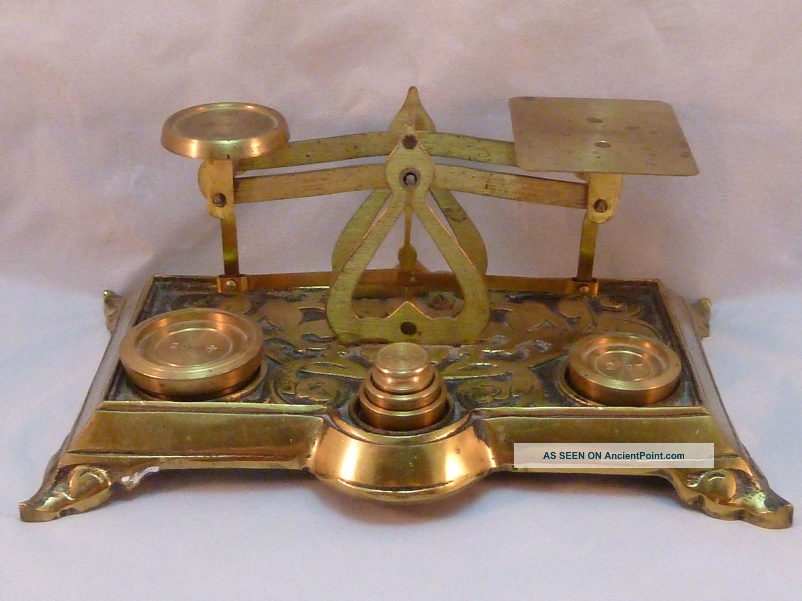 Antique Brass Postal Scale Weights Floral Scroll Victorian 1800s British English Scales photo