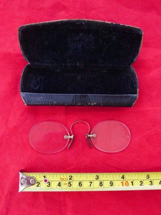 Antique Gold Plated Pince Nez Spectacles Eye Glasses W Case Vtg photo