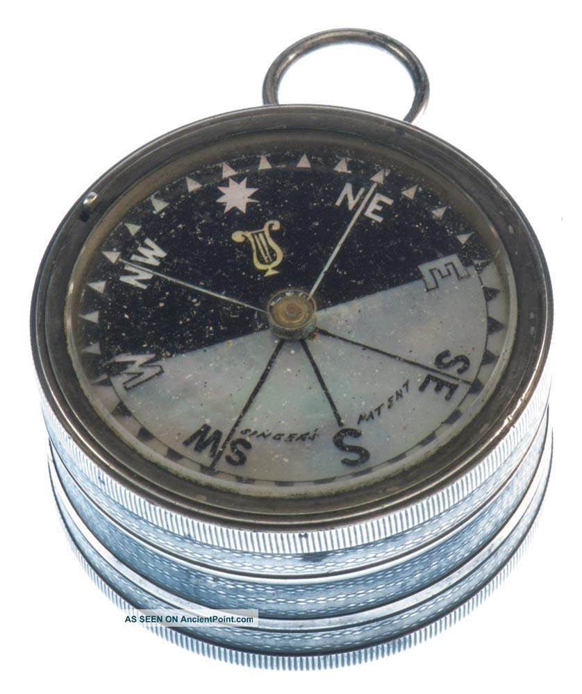 Singer ' S Patent Pocket Compass Barometer Sterling Silver Mop Ireland 19th Cent Barometers photo