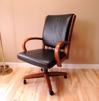 Vtg Chromcraft Swivel Office Desk Wood Chair Black Leather Upholstery Casters photo