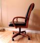 Vtg Chromcraft Swivel Office Desk Wood Chair Black Leather Upholstery Casters Post-1950 photo 1