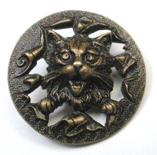 Antique Pierced Brass Button Cat Face & Paw Bursting Through photo