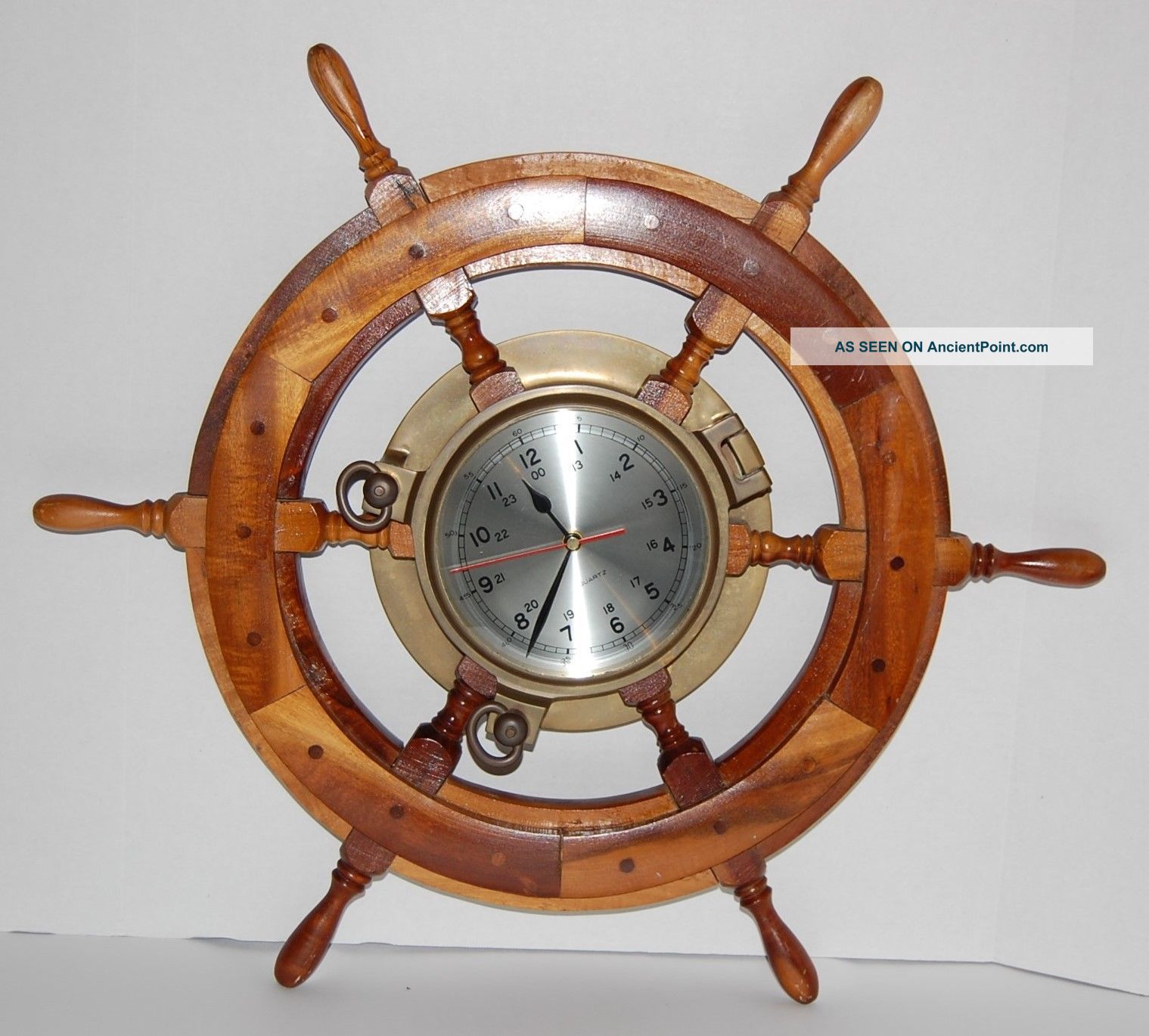 Vintage Wood Ship Steering Wheel Brass Quartz Ships Clock 24 