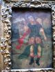Antique Retablo On Tin,  Archangel Michael W/ Antique Carved Wood Frame Latin American photo 4