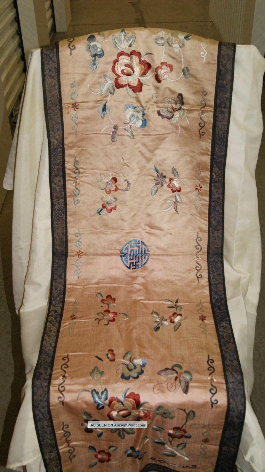 Qing Chinese Silk Embroidered Textile Panel,  Chair Seat Cover Peony Butterfly Robes & Textiles photo