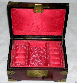 Vintage Chinese Rosewood Brass Carved Jade Inlayed Jewellery Box photo