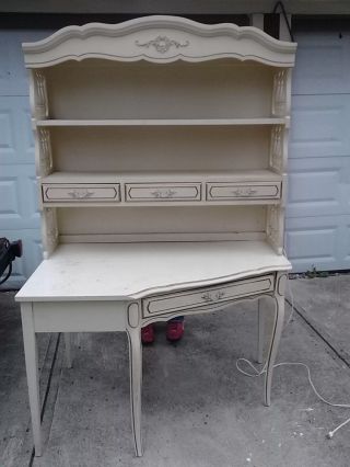 Vintage French Provincial Writing Desk Off White & Gold Gild W Hutch Top & Lite photo