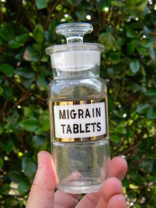 Scarce Migraine Tablets Label Under Glass Apothecary Drugstore Bottle - Medicine photo