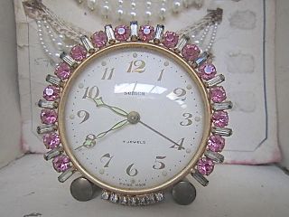 Divine Vintage Semca Pink Rhinestone 1950 ' S Boudoir Clock Swiss Made photo