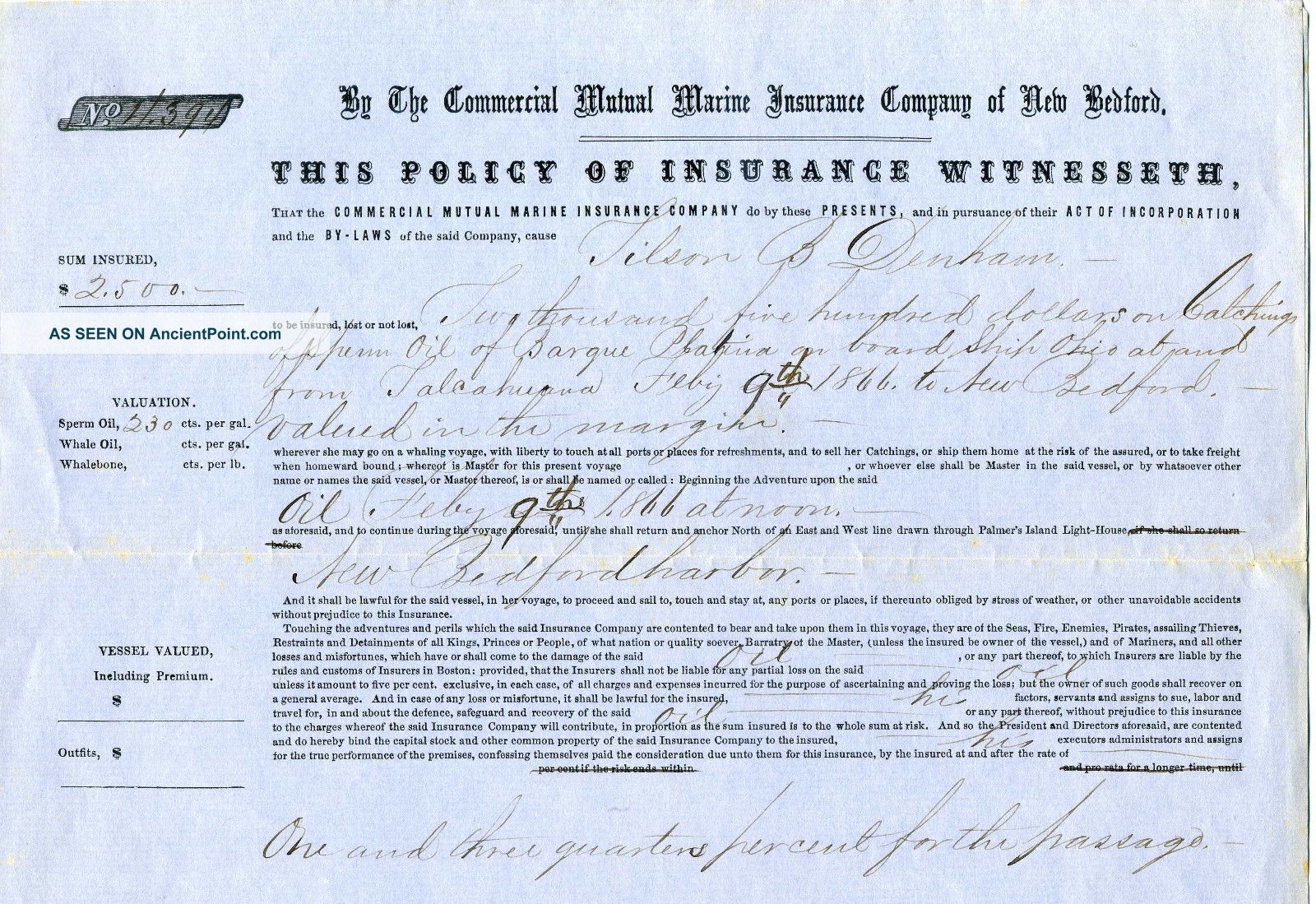 Bedford Whale Ship Insurance Policy 1866 Whaling Bark Platina American photo