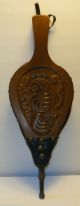 Vtg Carved Hardwood Fireplace Bellows Black Leather W/brass Brads Studs Wooden Hearth Ware photo 2