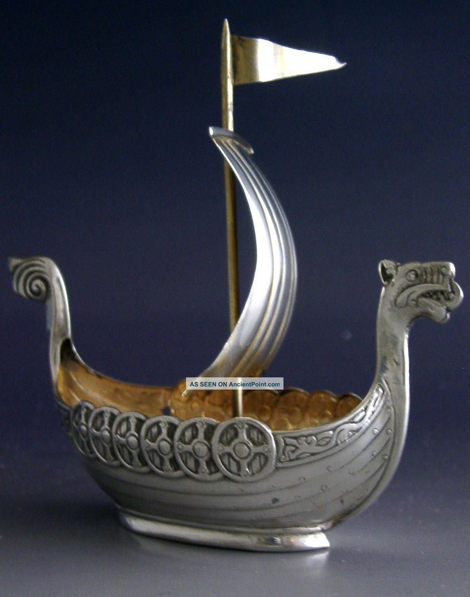 Unusual Norwegian 925 Sterling Silver Viking Boat Norway Antique C1920 Salt & Pepper Shakers photo