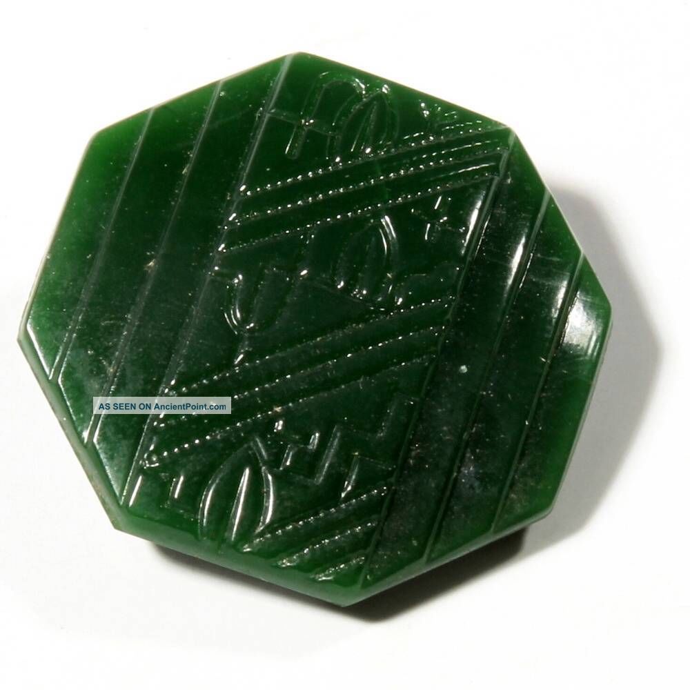 (1) 26 Mm Czech Antique Vtg Geometric Hexagon Jadeite Chrysoprase Glass Button Buttons photo