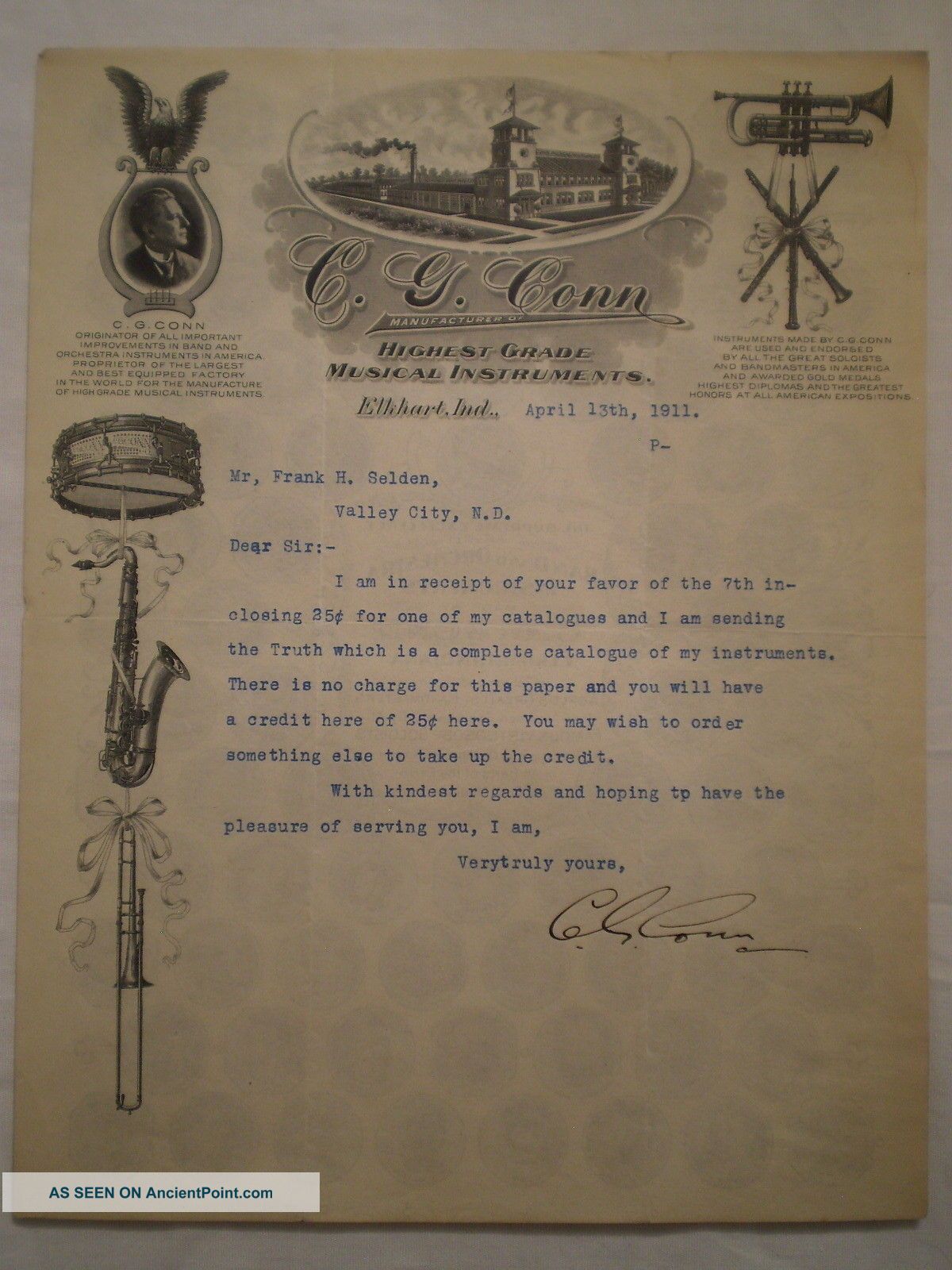 Antique 1911 Handsigned C G Conn Signature Letterhead Musical Instrument Graphic Other photo