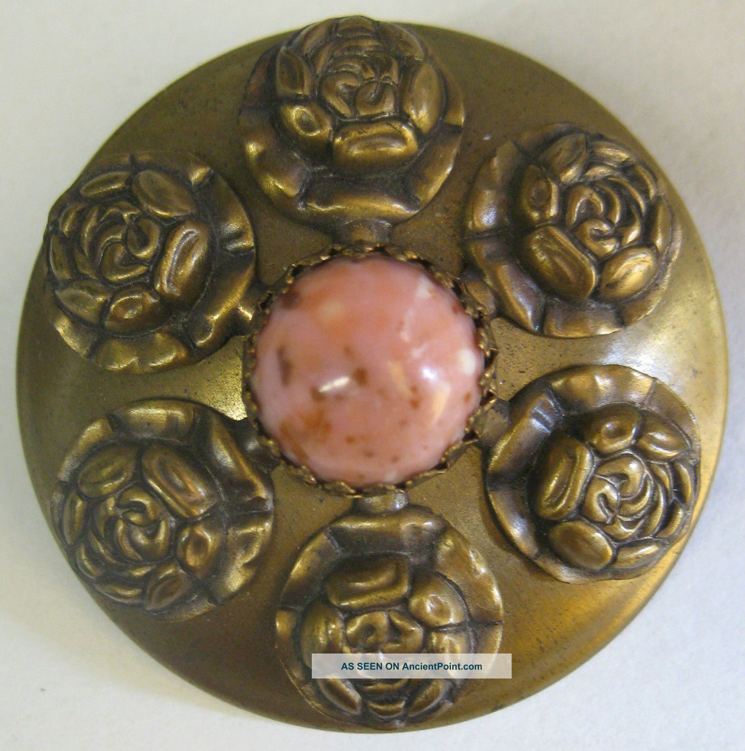 Big Antique Victorian Brass Metal Pink Cabochon Relief Roses Picture Button Vtg Buttons photo