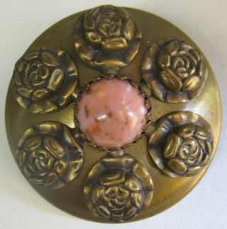 Big Antique Victorian Brass Metal Pink Cabochon Relief Roses Picture Button Vtg photo