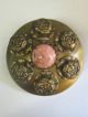 Big Antique Victorian Brass Metal Pink Cabochon Relief Roses Picture Button Vtg Buttons photo 1