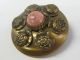 Big Antique Victorian Brass Metal Pink Cabochon Relief Roses Picture Button Vtg Buttons photo 2