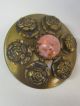 Big Antique Victorian Brass Metal Pink Cabochon Relief Roses Picture Button Vtg Buttons photo 4