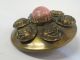 Big Antique Victorian Brass Metal Pink Cabochon Relief Roses Picture Button Vtg Buttons photo 5