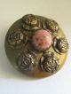 Big Antique Victorian Brass Metal Pink Cabochon Relief Roses Picture Button Vtg Buttons photo 6