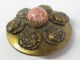 Big Antique Victorian Brass Metal Pink Cabochon Relief Roses Picture Button Vtg Buttons photo 7