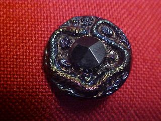 Antique Button,  Black With Iridescent Black Button With A Snake On It photo