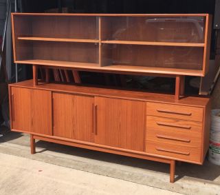 Large Vintage Teak Wood Danish Modern Credenza China Cabinet Server Sideboard photo