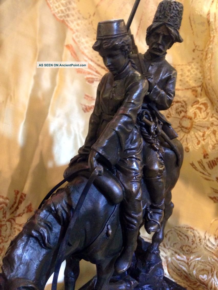 Russian Bronze Statue Man Woman Spear Gun On Horse Marble Base Signed Art Nouveau photo