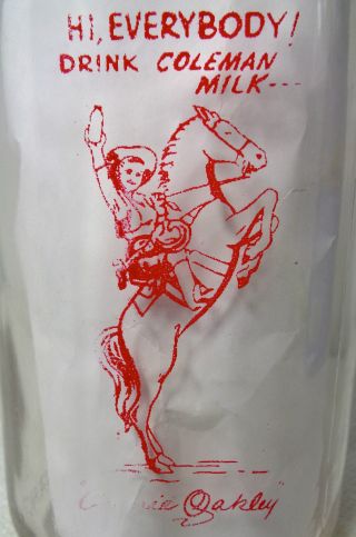 Old Vintage Qt.  Cream Top Coleman Dairy Annie Oakley Glass Milk Bottle photo