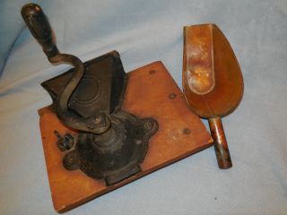 Late 1800s Primitive Chuckwagon Cast Iron Grinder With Handle And Brass Scoop photo