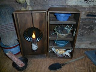 Primitive Early Look Cupboard Pie Safe,  4 Cubbies & Pans,  Candle Light Reflector photo