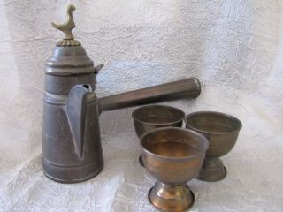 Antique Kettle.  Bedouin Islamic Arabic Copper Kettle With 3 Cups. photo