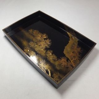 G595: Real Old Japanese Lacquer Ware Tray With Very Good Makie 2/2 photo