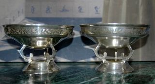 Pair Vintage Indo Persian Raised Engraved Footed Brass Bowl Brass Silver Tone photo