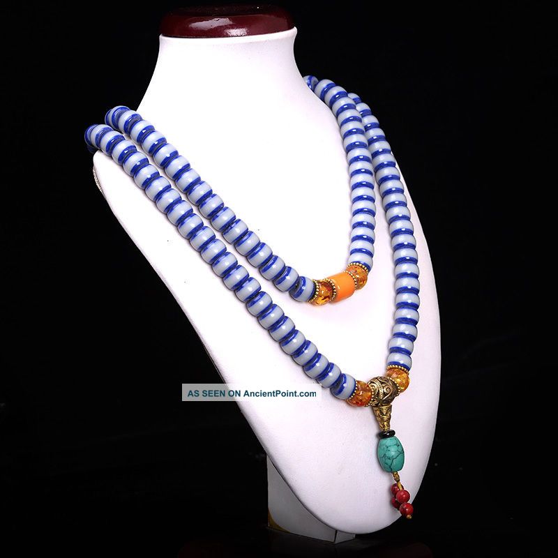 Collectibles Handwork Old Turquoise & Beeswax Toyed Prayer Jade Bead Necklace Necklaces & Pendants photo