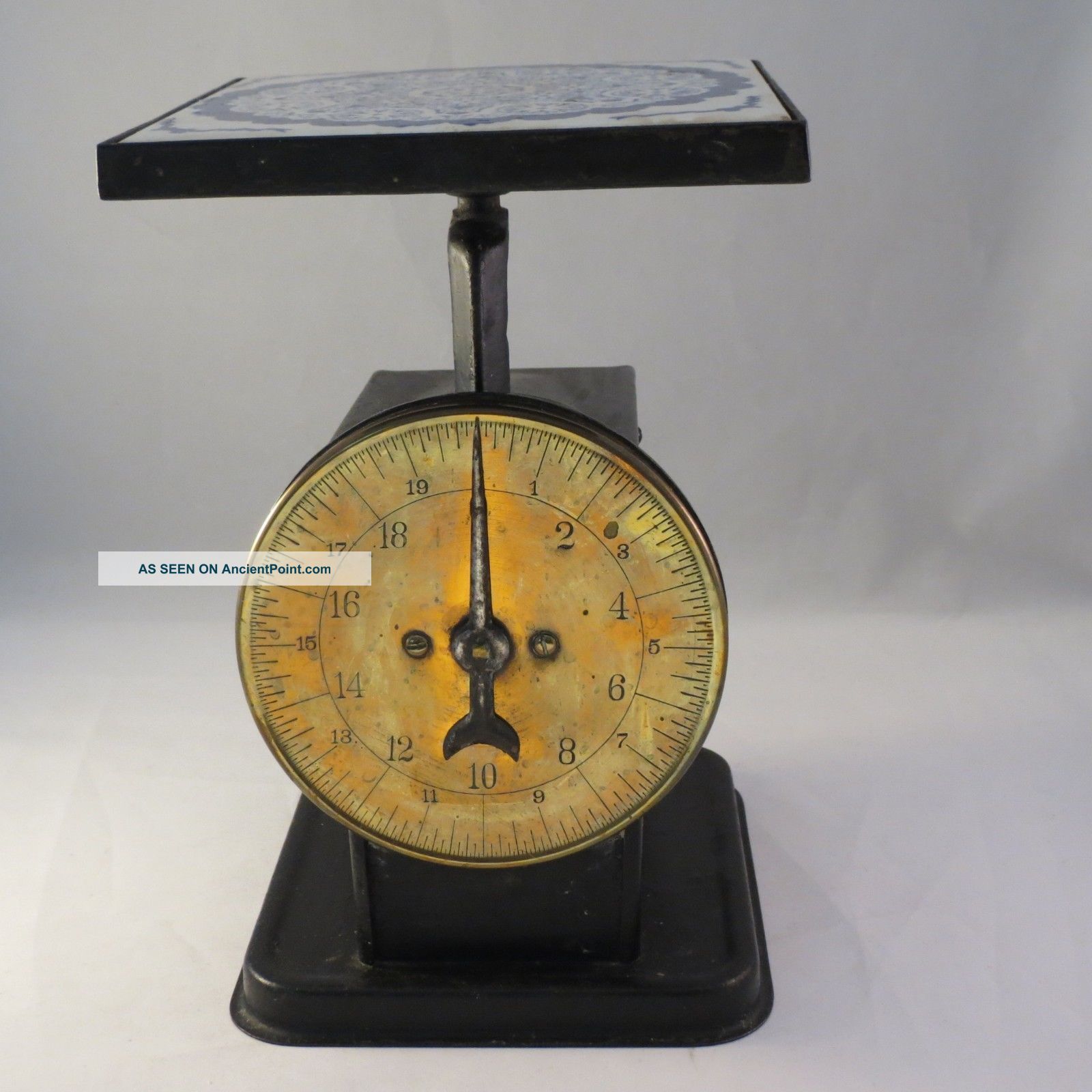 Antique American Kitchen Scale Brass Face & Tile Top With Primitive Flag Stencil Scales photo