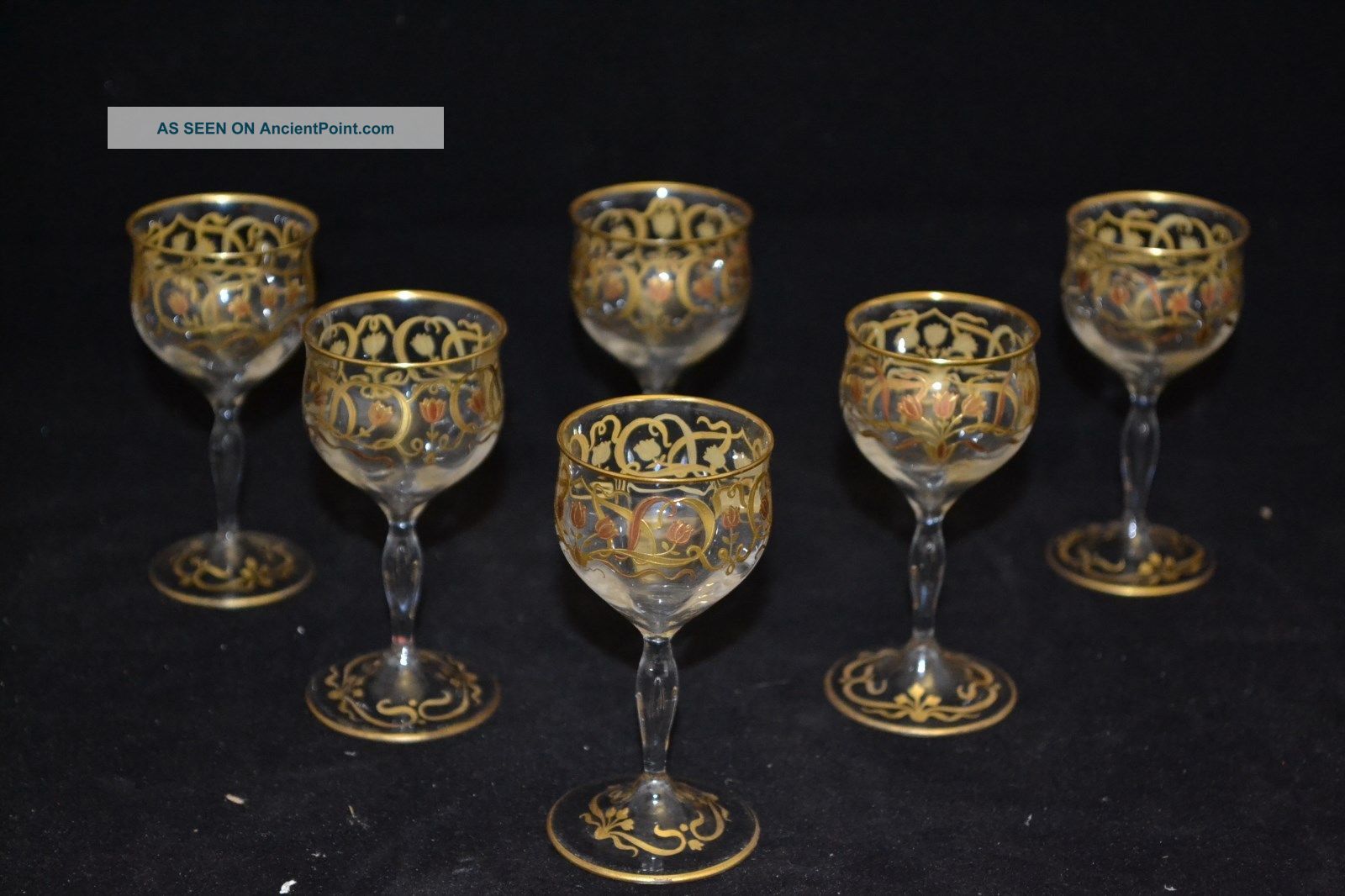 6 19th C French Art Nouveau Stemmed Glass Cordials Hand Painted Enamel Art Nouveau photo