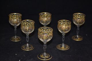 6 19th C French Art Nouveau Stemmed Glass Cordials Hand Painted Enamel photo