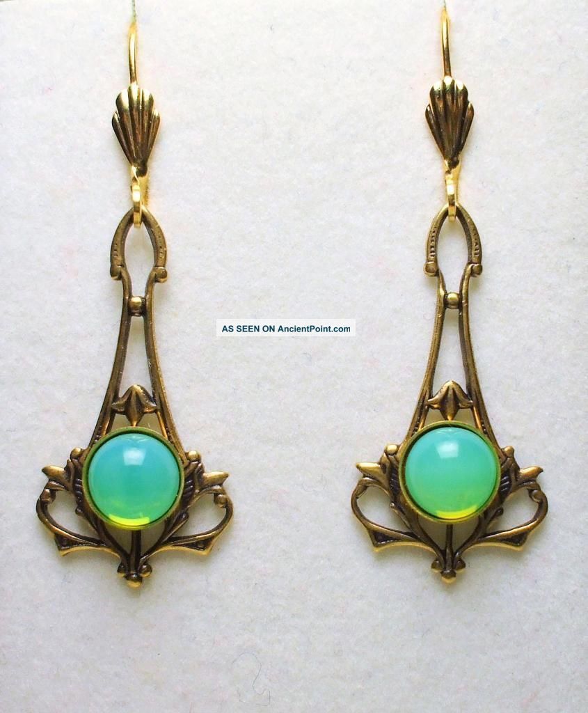 Art Nouveau Art Deco Style Antique Brass Czech Sea Green Opal Glass Earrings Art Nouveau photo