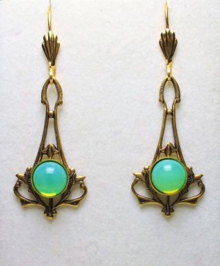 Art Nouveau Art Deco Style Antique Brass Czech Sea Green Opal Glass Earrings photo