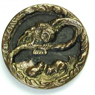 Antique Button Brass Owl Perched On A Branch Above Two Mice 1 & 3/16 