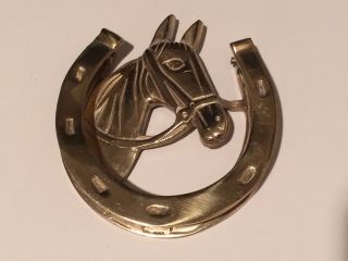 Vintage Solid Cast Brass Horse Head & Lucky Shoe Equestrian Door Knocker photo