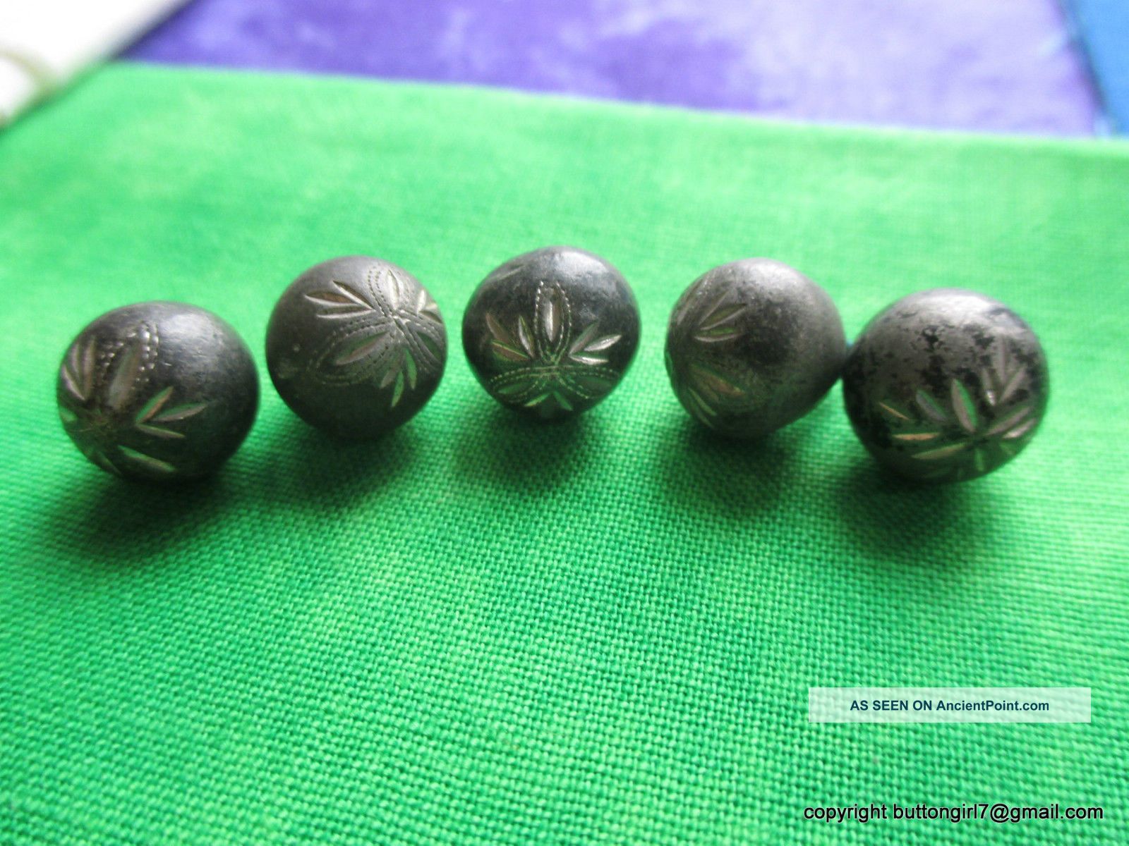 2414 – Five Pewter Bright Cut Antique Ball Buttons Buttons photo